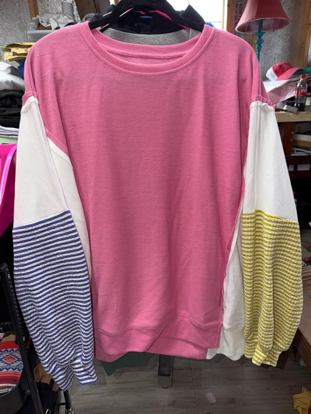 Pink Colorblock Sweatshirt with Striped Sleeves